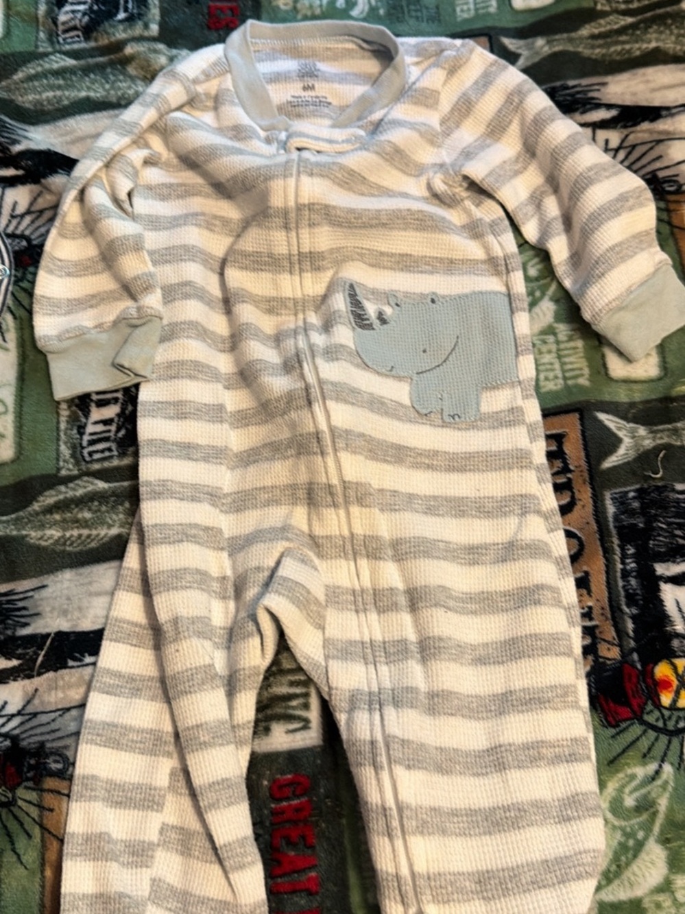 H&M Cream & Gray Striped Baby Footie with Rhino Patch